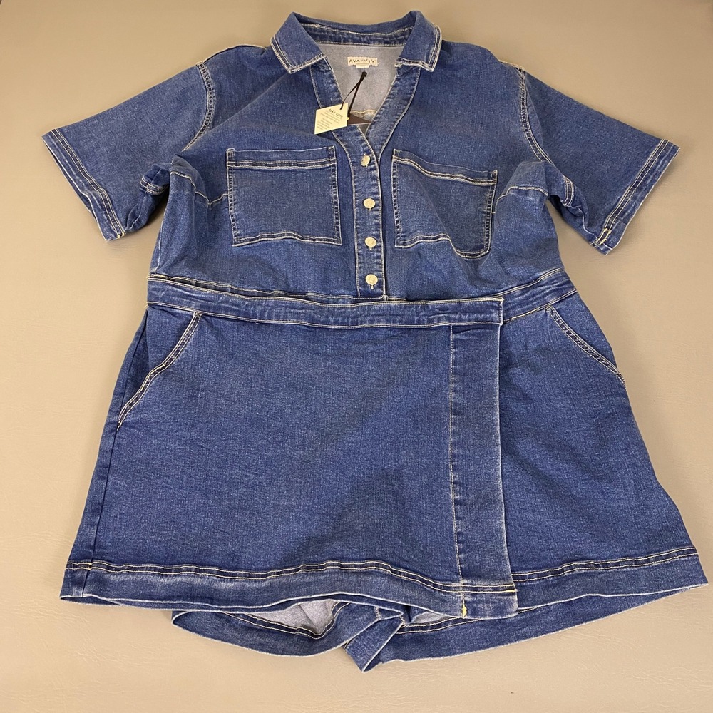 Ava & Viv Blue Denim Skort Romper Plus Size 2X Short Sleeve Button Front New NWT